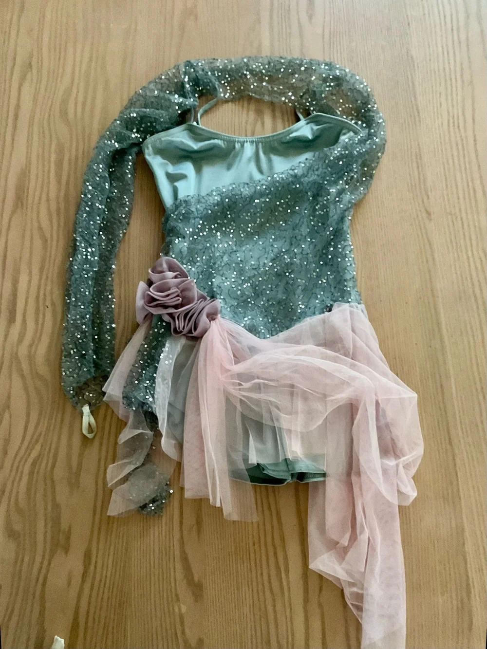 Gray Crystal and Pink Sparkle Dance Costume with Draped Tulle
